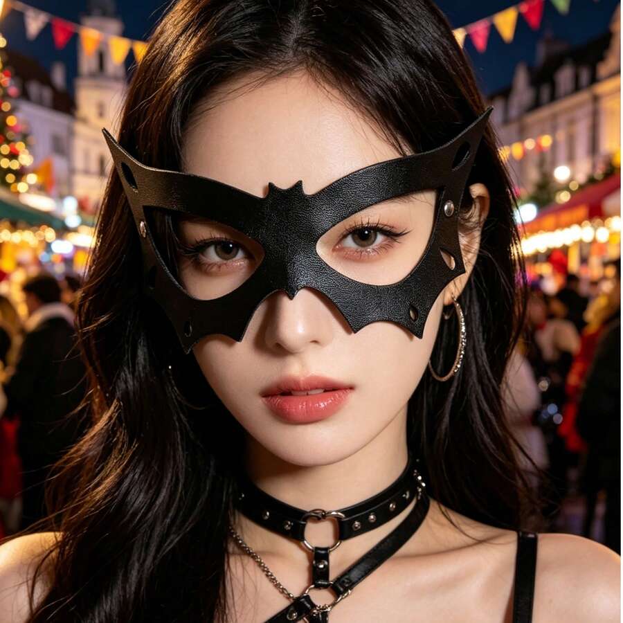 女士剑龙猫面具,女士化妆舞会面具,兔子面具,猫脸面具,适合夜店鸡尾酒会角色扮演,其他自然主题派对PU皮革胸背带,四季皆宜 - 黑色EM-213 - 查看 1