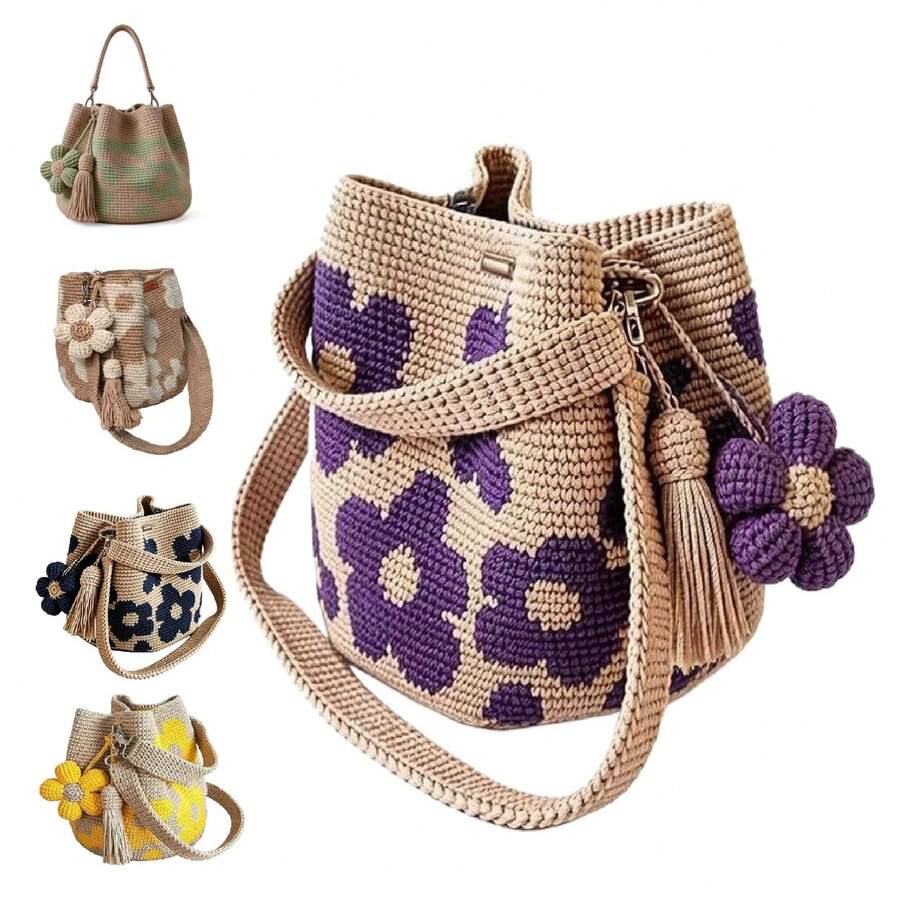 Handmade Crochet Flower Tote Bag, Aesthetic Boho Knit Shoulder Bag Women, Summer Beach Mesh Purse For Vacation Daily Use - A4 - 查看 1