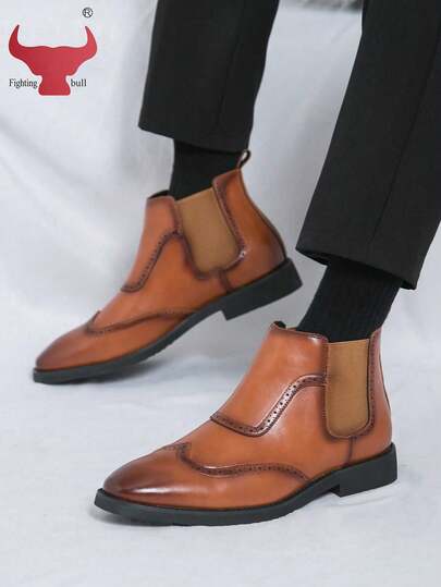 Giày bốt Chelsea nam màu nâu, kiểu dáng slip-on, cổ thấp, giày công sở lịch sự, phù hợp cho đám cưới và văn phòng.