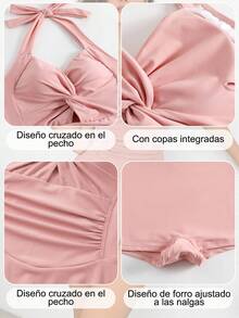 Traje de baño de una pieza para mujer, de verano, estilo minimalista, que estiliza la figura para vacaciones en la playa. Diseño de color liso, con pliegues en el pecho y los hombros, ideal para vacaciones en la playa, fiestas en la piscina y fiestas playeras. - Rosa - Ver 7
