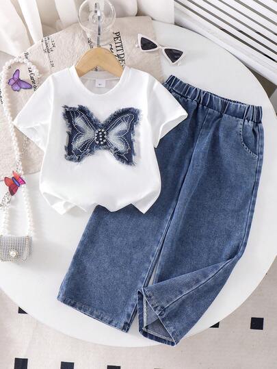 2pcs/Set Girls Casual Minimalist 3D Bow Decor Round Neck Top And Straight Leg Denim Pants Set, Summer