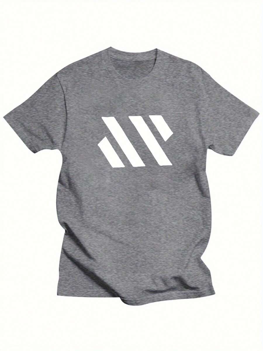 Short-Sleeved T-Shirt With Round Neck, 100% Cotton, Print, Lightweight And Breathable Fabric, Casual Fashion Style, Suitable For Daily Life, Casual Outings And Dates In Spring, Summer And Autumn - 灰色 - 查看 1