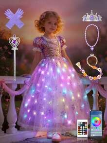 Girls' Princess Dress, Children's Party Dress, Synchronized With Music, Remote Control App, Suitable For Halloween Cosplay, Includes Crown, Magic Wand, Wig, Gloves, Necklace (Batteries Not Included) - Lilac Purple - View 2