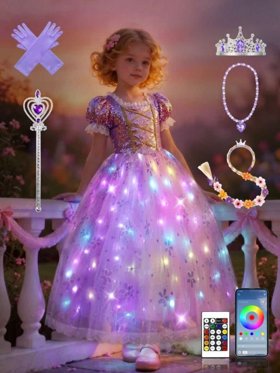 Girls' Princess Dress, Children's Party Dress, Synchronized With Music, Remote Control App, Suitable For Halloween Cosplay, Includes Crown, Magic Wand, Wig, Gloves, Necklace (Batteries Not Included)