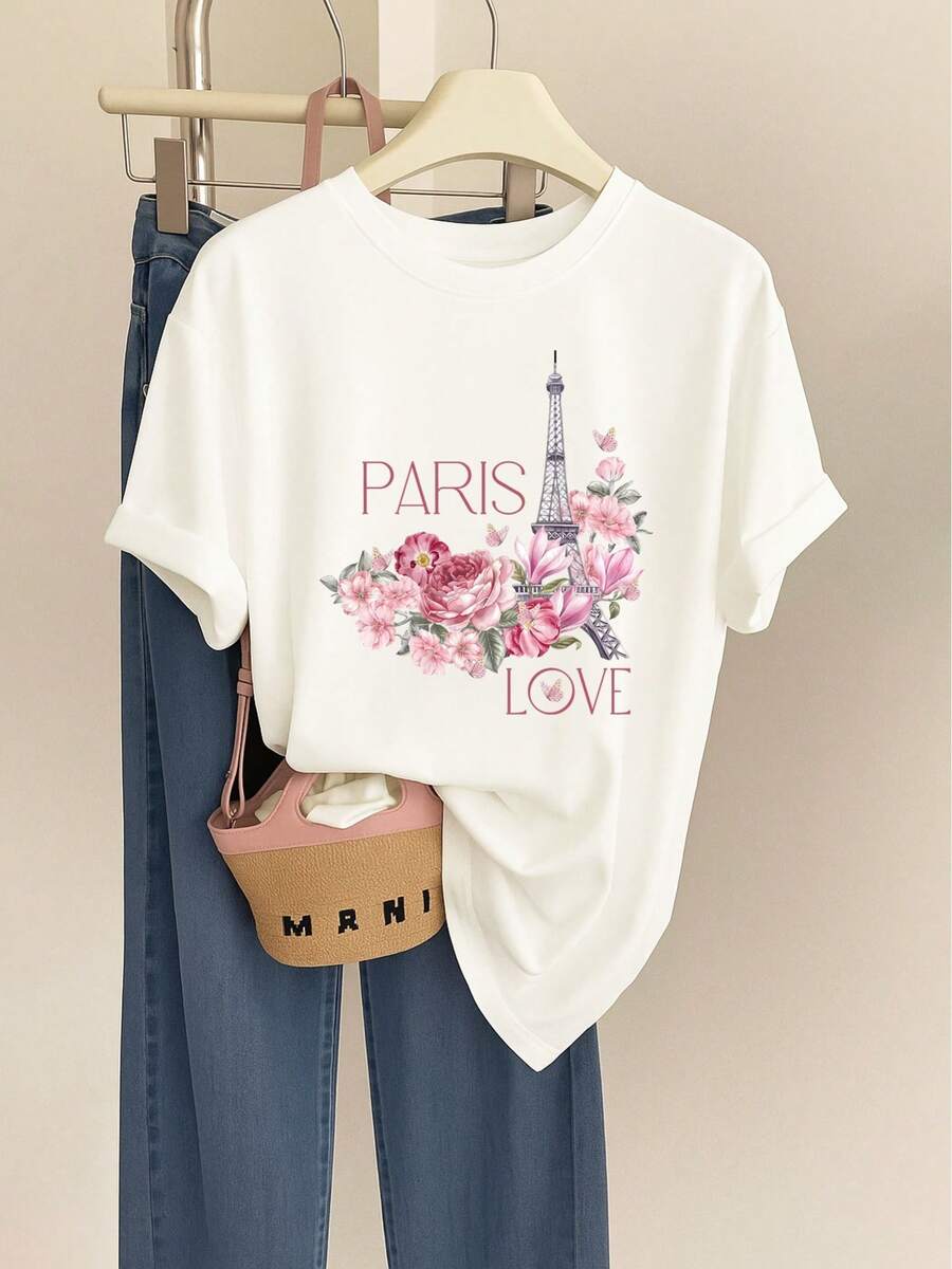 Camiseta moderna con estampado Love Paris 2026, de manga corta y cuello redondo para mujer - Moderna y versátil - Camiseta sencilla y sofisticada para uso diario. - Blanco - Ver 1