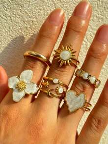 6件套时尚简约优雅花朵、心形、星星、月亮、太阳装饰鸡尾酒戒指套装，适合女性，可用于度假、约会、派对、舞会、节日、生日、日常佩戴（无包装盒） - 金黃色 - 查看 8