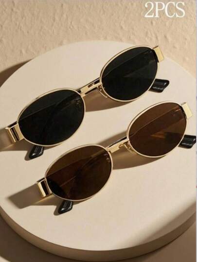 2 pares de gafas con montura de metal ovalada vintage, gafas decorativas de moda unisex para fotografía callejera, transporte público y uso diario
