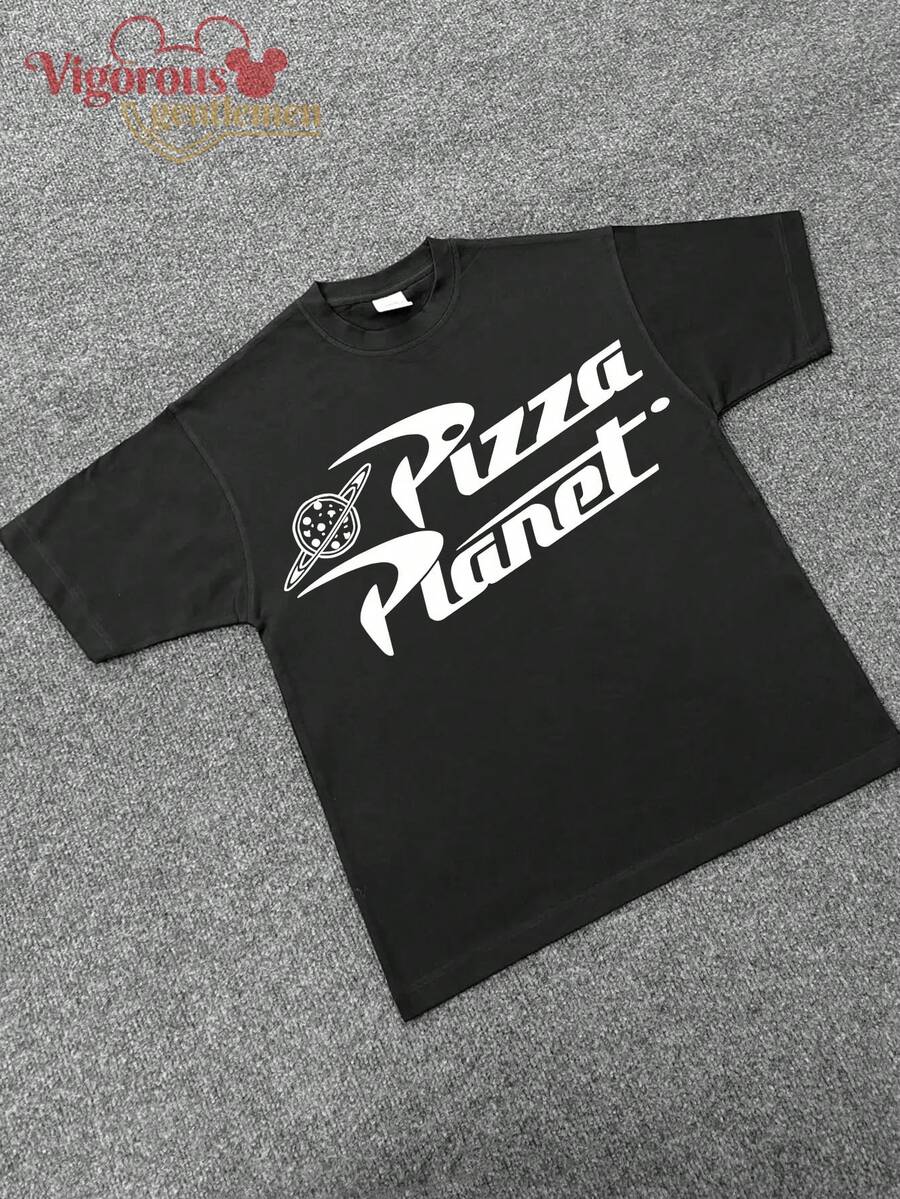 Disney Men's Toy Story "Pizza Planet" Simple Logo T-Shirt, Casual Black Tee - 黑色 - 查看 1
