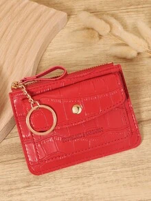 Red Crocodile Pattern Chain Keychain Card Wallet Purse, Mini Zip Around With Flap Multi-Card Slots, PU Leather Coin Pocket Unisex For Daily Use Travel, Compact Minimalist Accessory For Birthday Christmas Gift - Red - View 5