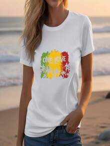 Women's 'One Love' Black Cotton Short-Sleeved T-Shirt With Round Neck And Dropped Shoulders, Casual Beach Style. - 白色 - 查看 1