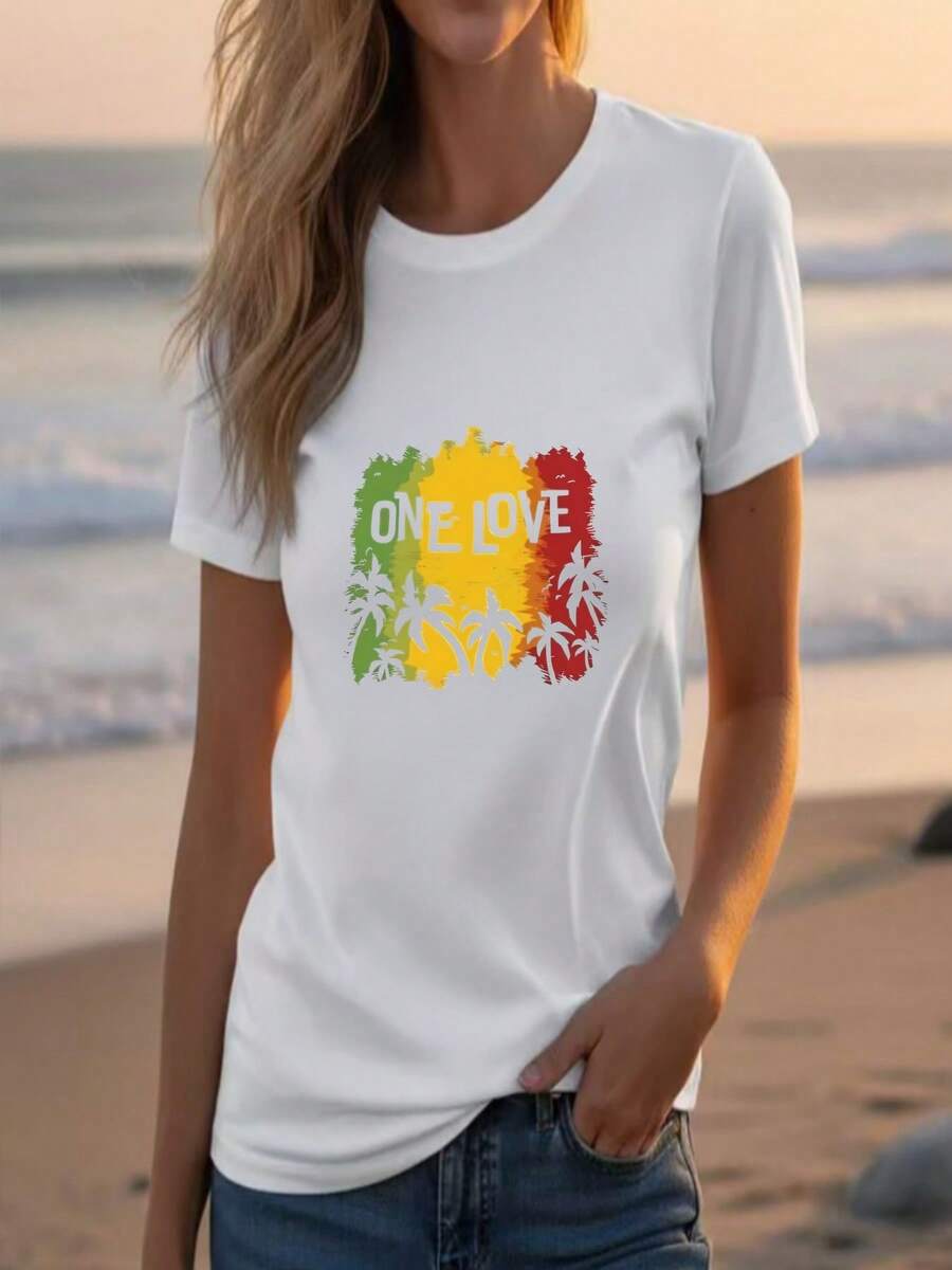 Women's 'One Love' Black Cotton Short-Sleeved T-Shirt With Round Neck And Dropped Shoulders, Casual Beach Style. - 白色 - 查看 1