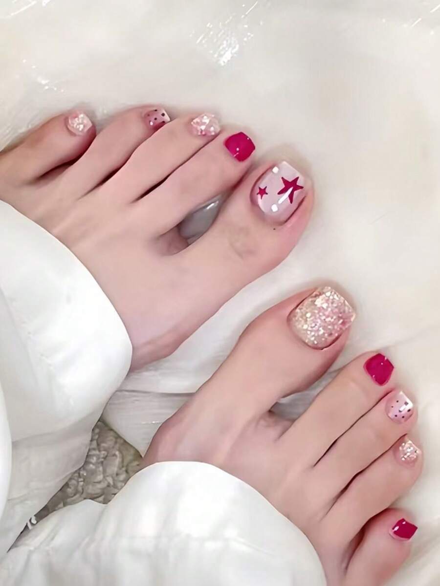 甜美粉色星星美甲亮片，温柔夏日足部美甲艺术 - 彩色 - 查看 1
