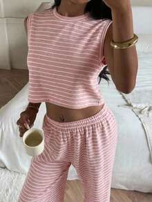 Conjunto de 2 piezas para mujer, top sin mangas a rayas y pantalones, casual - Rosa - Ver 4