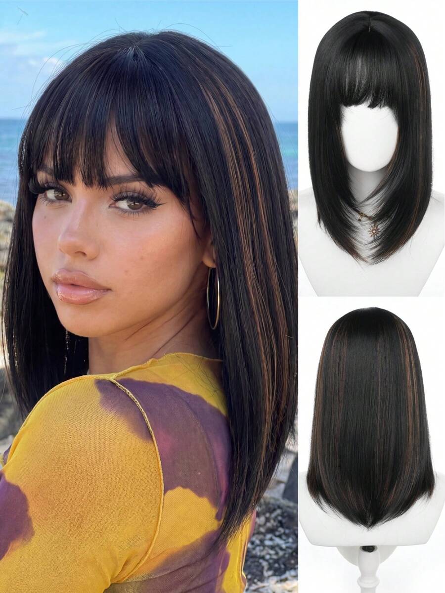 14 Inch Black With Brown Highlights Bob Wig With Bangs - Heat Resistant Synthetic, Simulated Scalp | Daily/Office Styling| Natural Look| Cosplay/Party | Y2K Style - Multicolor - View 1