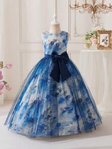 Girls' Princess Dress With Floral Pattern, Made Of Mesh Material, Suitable For Parties And Celebrations, Excluding Headpiece - Royal Blue - View 10