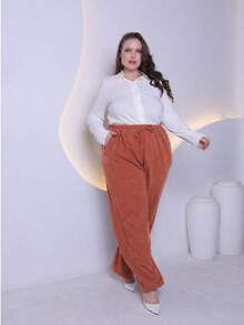 Women's Plus Size Pants In Premium Wool Knit Fabric With Tie Detail And Side Pockets, Sizes GG To G6 - 亮橙色 - 查看 1
