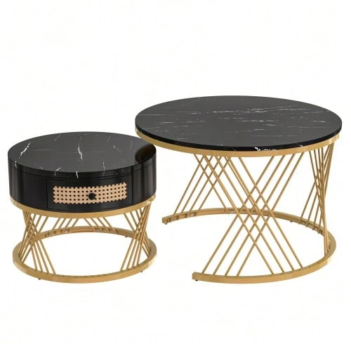 2-In-1 Round MDF Coffee Table, Side Table With Marble Top And Synthetic Rattan Drawers, Solid Wood Handles. Gold Iron Legs. 70 X 70 X 45.5 + 50 X 50 X 38.5 Cm - Black - View 1