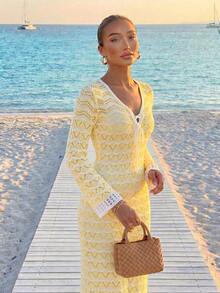 Robe longue ajourée à manches longues de protection solaire, style décontracté vacances, pour fête de plage, station balnéaire, bohème, sexy, pour femmes, nouvelle collection printemps/été - Beige et blanc cassé - Voir 6