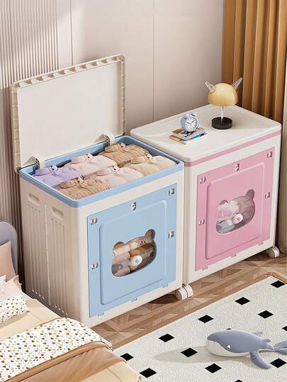 1PC70L Large Capacity Foldable Storage Box With Lid & Wheels, Cute Bear Window Design, Stackable Plastic Organizer Bin For Clothes Toys Bedroom Closet Home Organization