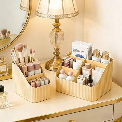 2pcs/1pc Minimalist Ribbed Makeup Organizer, Multi-Compartment Desktop Cosmetic Storage Bins, Aesthetic Vanity Organizer For Makeup Brushes, Lipsticks, Serums & Beauty Tools, Desk & Bathroom Storage Solution