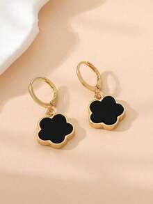 1 par de pendientes colgantes con diseño de flor de cinco pétalos negra clásica, diseño minimalista de trébol, joyería elegante para uso diario como regalo - pendiente - Ver 3