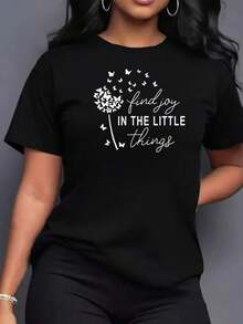 Casual Camisole, Women's Short Sleeve Camisole, Comfortable And Loose Fit, With Artistic Letter And Dandelion Print, Patterned Camisole For Women, Soft And Comfortable To Wear, Suitable As A Gift. Women's T-Shirt. Blouses > Elegant. Boho Chic, 1 Piece - 黑色 - 查看 1