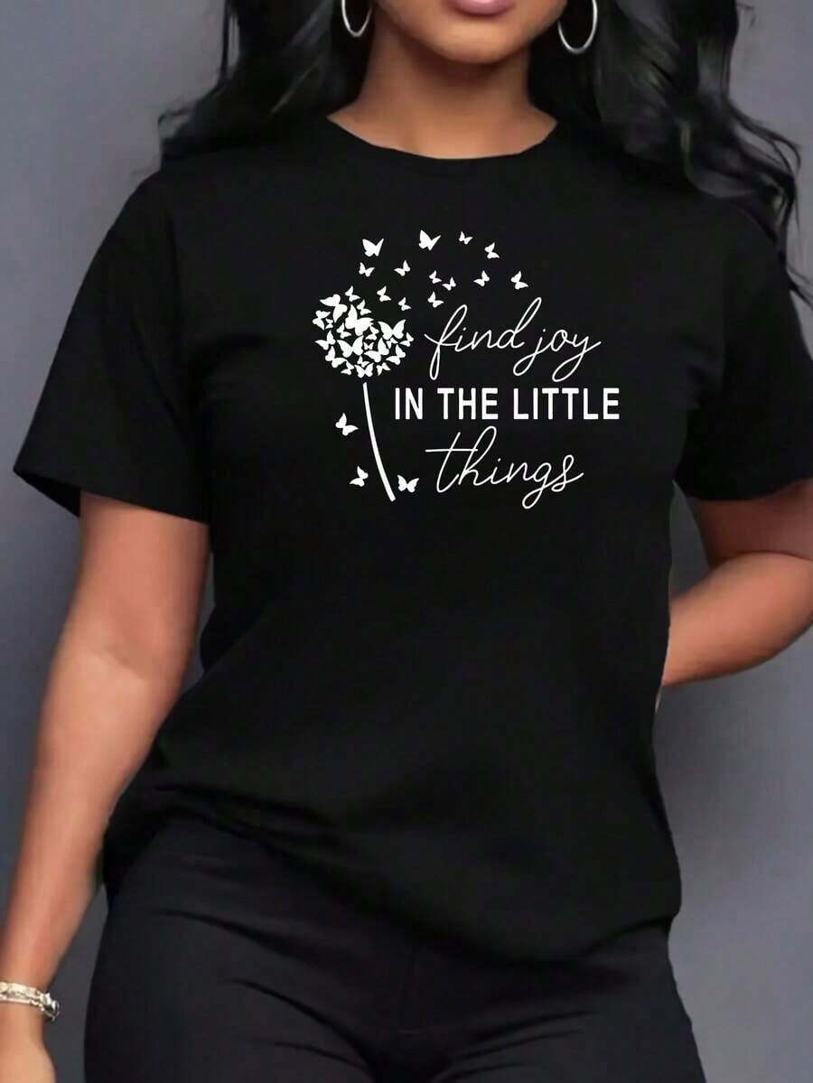 Casual Camisole, Women's Short Sleeve Camisole, Comfortable And Loose Fit, With Artistic Letter And Dandelion Print, Patterned Camisole For Women, Soft And Comfortable To Wear, Suitable As A Gift. Women's T-Shirt. Blouses > Elegant. Boho Chic, 1 Piece - 黑色 - 查看 1