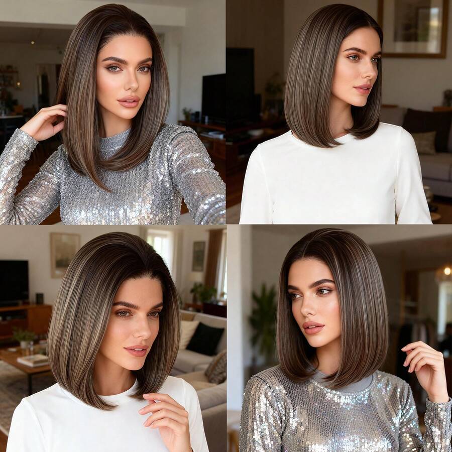 ZigZag Hair 10 Inch Ombre Brown Short Bob Wig, Synthetic Lace Front Wig With Natural Hairline, Suitable For Daily Wear, Festivals, Parties And Music Events
