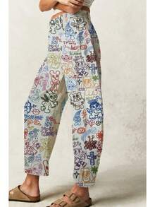 Vintage Floral Print Barrel-Shaped Jeans High-Waisted Wide-Leg Yellow Denim Trousers Vintage Y2K Style Casual Pants - 卡通塗鴉 - 查看 3