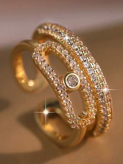 1pc Fashion Double-Layer Rectangle&Round Single Rings Exquisite Cubic Zirconia Geometric Gold Plated Ring For Women Engagement Wedding Birthday Dating Gifts Copper Jewelry For Daily Decoration