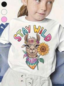 Casual Short Sleeve Crew Neck T-Shirt For Kids And Teens - Adorable Llama Graphic Design With Colorful Flowers, Loose Fit, Short Sleeve, Crew Neck - Perfect For Outdoor Fun In Spring And Summer, Hippie Style Cotton T-Shirt Suitable For Kids Who Love Outdoor Adventures - 黑色 - 查看 8