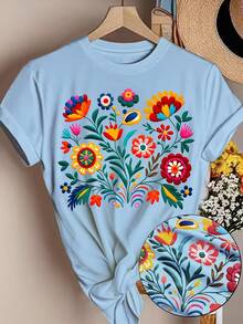 Mexican-Style T-Shirt With A Colorful Floral Print Featuring Festive Motifs, Casual Short-Sleeved Top With A Round Neck For Women. DWRM - 淺藍色 - 查看 2
