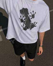 Fractyr Men's Ink Wash Frog Print Loose T-Shirt, Soft Touch White Casual Street Style T-Shirt, Minimalist Animal Pattern - White - View 2