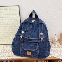 Mochila mini de mezclilla lavada vintage Y2K con bolsillos con cordón, adecuada para el estilo callejero estudiantil - Multicolor - Ver 15