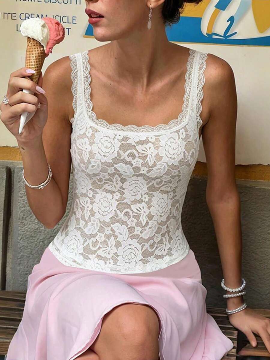 女款夏季蕾絲方領性感上衣 白色休閒