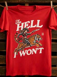 Women's "The Hell I Won't" Cowgirl T-Shirt – Retro Tiger Rider & Western Tattoo Graphic Crew Neck Tee, Wild Western Casual Top. This Is A Soft, Skin-Friendly, Versatile, Pure Cotton Women's Short-Sleeve Top, Suitable For Daily Commuting, Casual Outings, And Sporty Wear. It's A Loose, Comfortable, And Sporty Spring/Summer Women's Pure Cotton T-Shirt, Perfect As A Base Layer - 紅色 - 查看 1