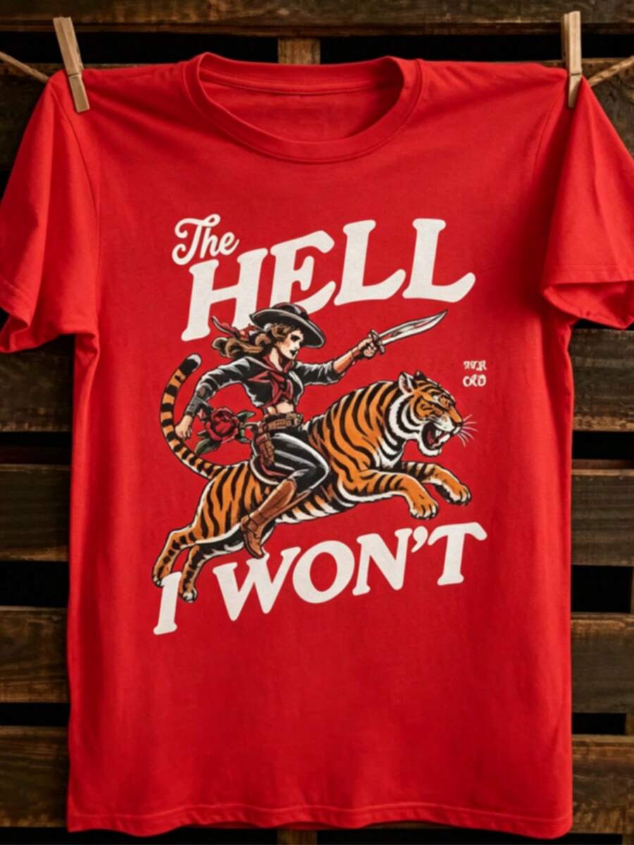 Women's "The Hell I Won't" Cowgirl T-Shirt – Retro Tiger Rider & Western Tattoo Graphic Crew Neck Tee, Wild Western Casual Top. This Is A Soft, Skin-Friendly, Versatile, Pure Cotton Women's Short-Sleeve Top, Suitable For Daily Commuting, Casual Outings, And Sporty Wear. It's A Loose, Comfortable, And Sporty Spring/Summer Women's Pure Cotton T-Shirt, Perfect As A Base Layer - 紅色 - 查看 1