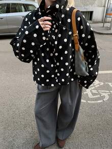 女士可爱粉色波点短款立领宽松风衣外套 黑色 - 黑色 - 查看 3