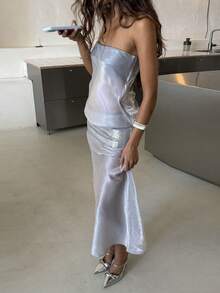 Fashionable Solid Color Creative Patchwork Sexy Sheer Strapless Bodycon Dress Wedding Party - Silver - View 2