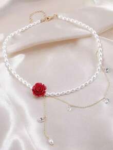 1 chiếc vòng cổ xương đòn nữ đính ngọc trai và nhựa hình hoa hồng. - Nhiều màu - Xem 2
