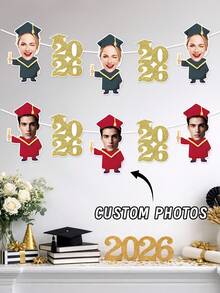 Banderín de foto de graduación personalizado, se puede imprimir el retrato del graduado y el año de graduación para colgar en la fiesta, bandera de temporada de graduación de varios colores, banderín de foto de graduación estilo DIY, utilizado para el fondo de la fiesta de graduación y la decoración del lugar - Multicolor - Ver 1