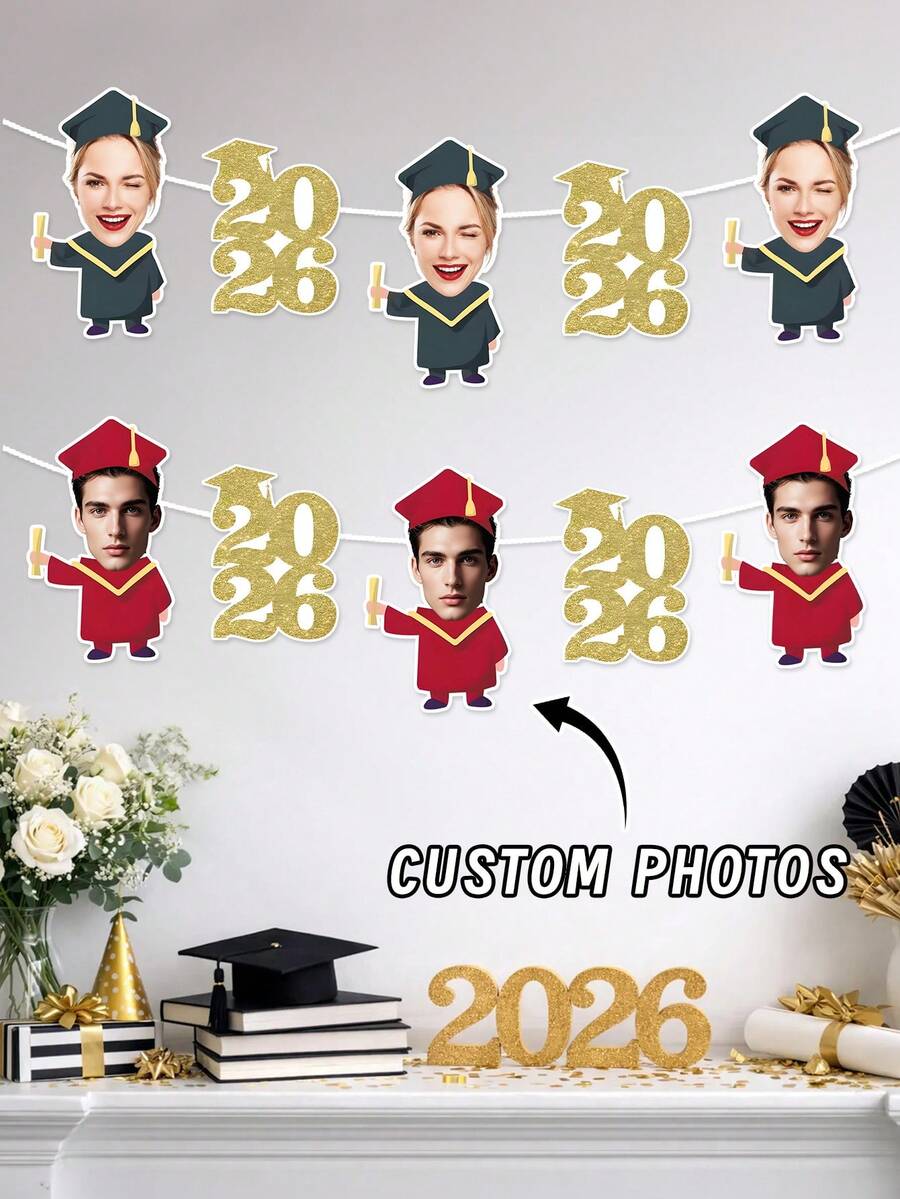 Banderín de foto de graduación personalizado, se puede imprimir el retrato del graduado y el año de graduación para colgar en la fiesta, bandera de temporada de graduación de varios colores, banderín de foto de graduación estilo DIY, utilizado para el fondo de la fiesta de graduación y la decoración del lugar - Multicolor - Ver 1