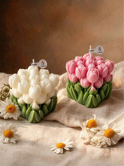 110g Tulip Bouquet Scented Candle | 3D Realistic Floral Carving, Handmade Smokeless Soy Wax, Long-Lasting Fragrance, Bedroom/Living Room Decor, Birthday/Valentine's Day Gift, Pink/White, Shangri-La/Vanilla