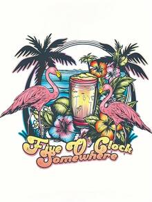 Sommartoppar: Dam-T-shirt med 100 % grafiskt tryck – Livfullt tropiskt tryck med flamingos och palmer, avslappnad rundhalsad kortärmad T-shirt för sommar-, strand- eller fritidskläder, bomulls-T-shirt, sommaroutfit. - Vitt - Visa 4