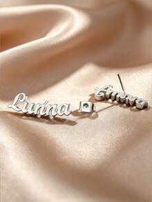 1 Pair Customizable English Letter Engraved Earrings, Personalized Stainless Steel Earrings Suitable For Men And Women, Custom Earring Gift - Silver - View 2