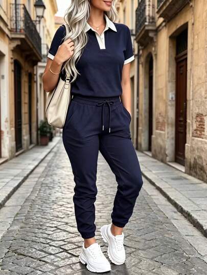 2pcs Women's New Polo Collar Short Sleeve T-Shirt With Back Print And Drawstring Waist Cropped Pants Set, Slim Fit Flattering, Comfortable And Suitable For Outdoor Activities, Exercise, Commuting, Street Style, Running In Spring And Summer