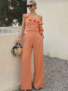 A&DD FASHION, Reference Number: Y493 - Set, Women's Two-Piece Suits, High-Waisted Wide-Leg Pants, Trousers, Camisole, Crop Top, Ruffled Hem Design, Comfortable To Wear, Sophisticated Look, High Quality, Stylish Look, Versatile, Elegant Style, Two-Piece Suits, Casual Chic Look, Comfortable And Stylish, Pants With Pockets, Elegant Suits, Perfect For Spring And Summer, Blogger Style, Casual And Formal, Suitable For All Occasions, Elegant And Fashionable, Feminine Look, Summer 2025 Collection. - 橘色 - 查看 1