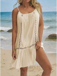 Summer Fashion Casual Sexy Lace Sleeveless Strap Solid Color Beach Dress - Apricot - View 6