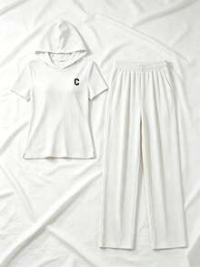 Conjunto de 2 piezas de chaqueta con cremallera y bloqueo de color deportivo, y pantalones anchos de ajuste holgado para mujer - Blanco - Ver 5