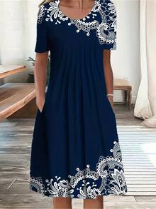 Vestido elegante de talla grande para mujer, vestido informal holgado, vestido para mujer, nuevo temperamento - Azul marino - Ver 5